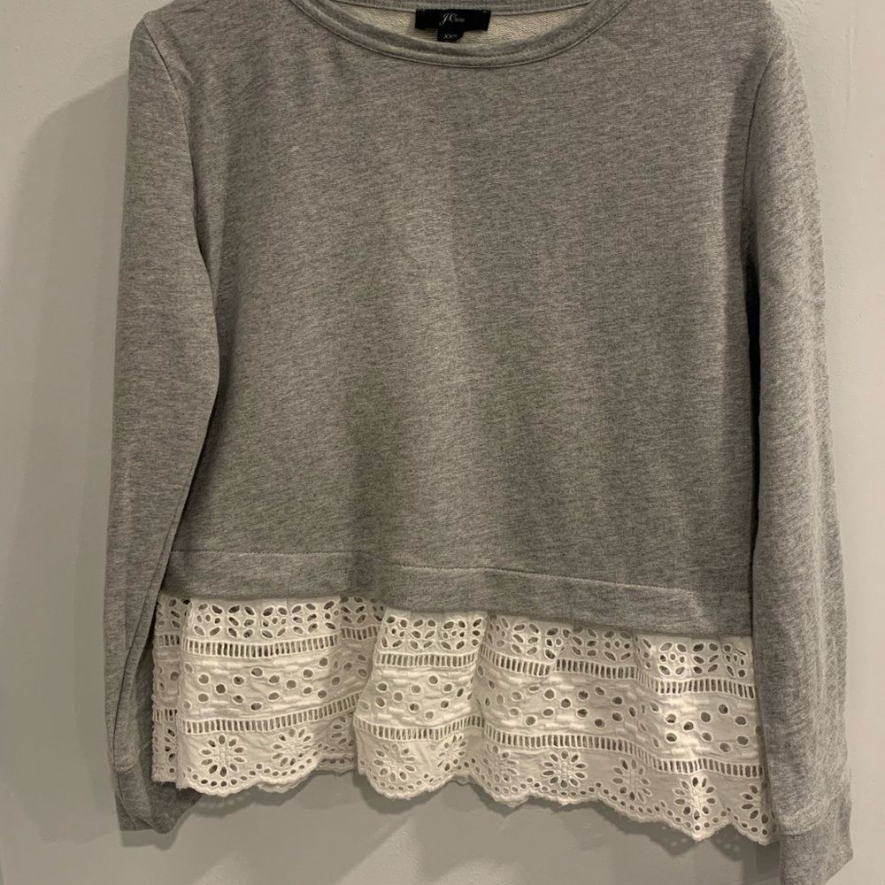J. Crew Gray Boxy Sweatshirt Blouse  with Ruffled Lace Hem